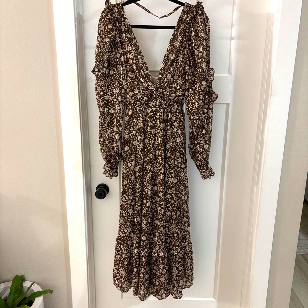 Sabina Musayev Large Legend Dress Brown Floral Ruffle Tiered Midi Boho Read